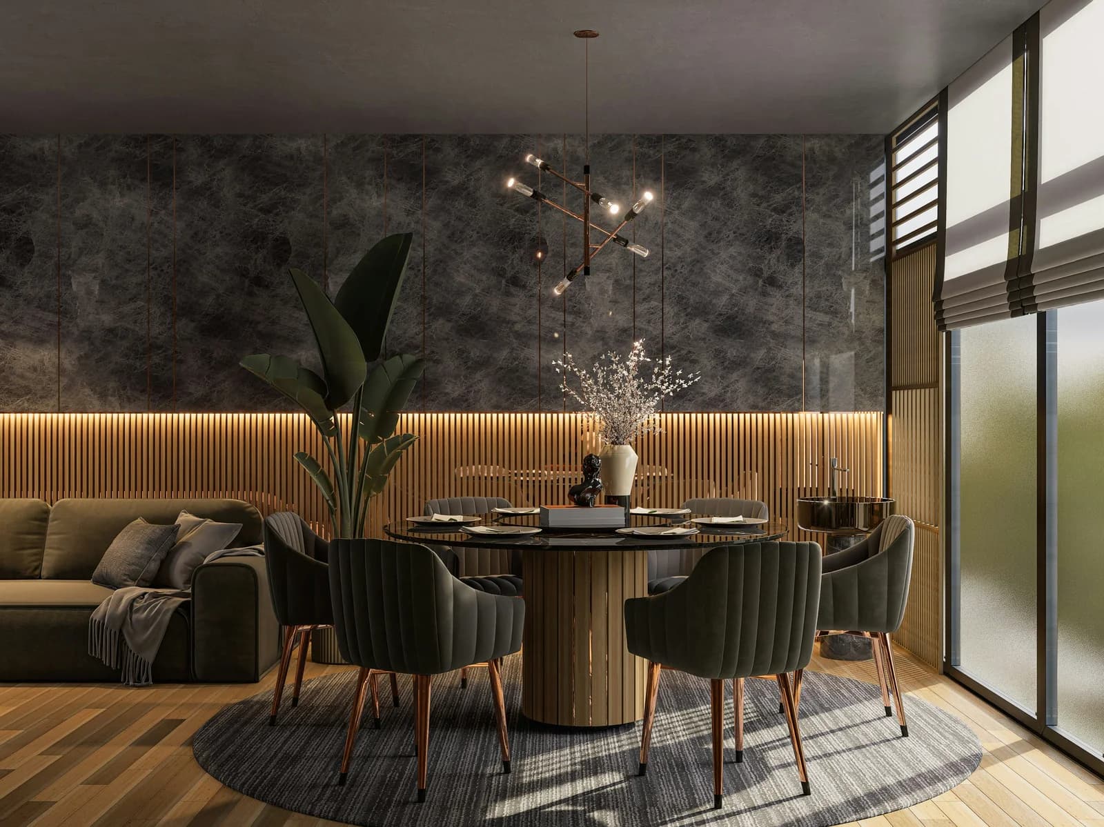 Moody modern dining room illustrating high-end to-the-trade furniture brands.